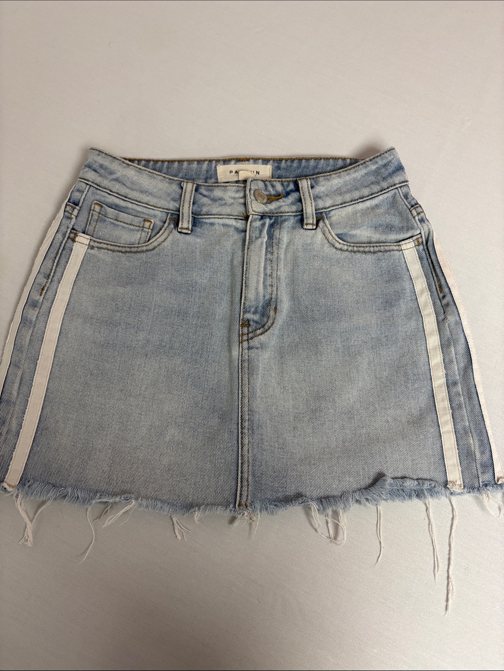 PacSun Denim Mini Skirt Size 24 Light Wash Raw Hem Side Stripe